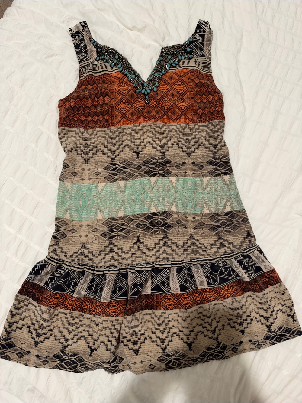 100% Silk Tribal Print V-Neck Dress with Turquoise Beaded Accent